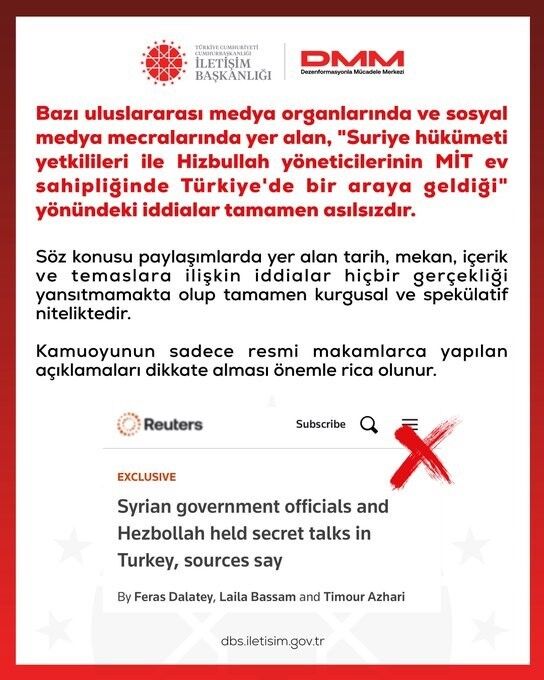 DMM'den 'Suriye yetkilileri ile Hizbullah yöneticileri MİT ev sahipliğinde bir araya geldi' iddialarına yalanlama