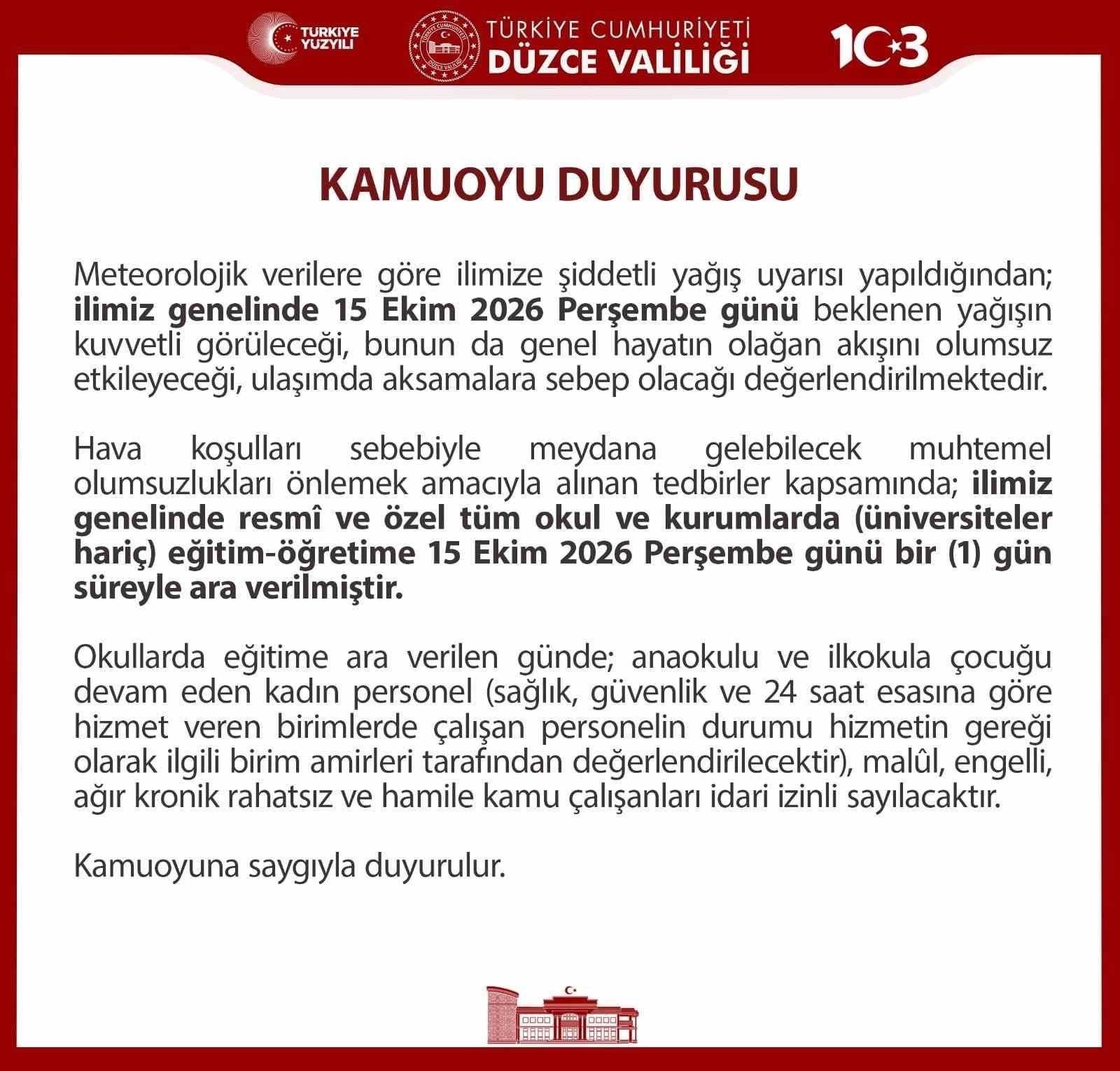 Düzce'de eğitime sağanak yağış engeli